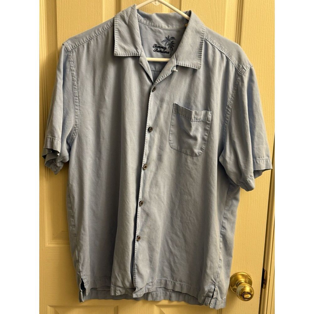 Tommy Bahama Shirt Mens Medium Blue Silk Short Sleeve Button Down Pocket